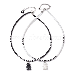 Glass Beaded Necklaces Set, Resin Bear Pendant Necklaces, Mixed Color, 14.57 inch(37cm), 2pcs/set(NJEW-JN04635)