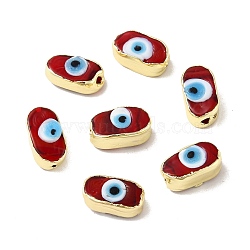Handmade Evil Eye Lampwork Beads, with Brass Findings, Lead Free & Cadmium Free, Long-Lasting Plated, Oval, Dark Red, 14~14.5x7.5~8.5x5.5~6mm, Hole: 0.9~1.4mm(LAMP-D016-02LG-05)