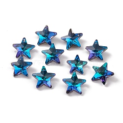 Electroplate Transparent Glass Pendants, Back Plated, Faceted, Star Charms, Blue, 19x20x9.5~10mm, Hole: 1.2mm(GLAA-A008-02A)