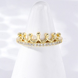 Brass Micro Pave Clear Cubic Zirconia Cuff Rings, Crown, Real 16K Gold Plated, 6.5mm, Adjustable(RJEW-M066-02G)