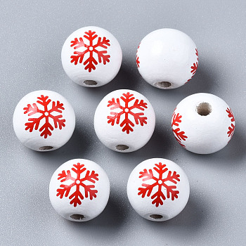 Painted Natural Wood European Beads, Large Hole Beads, Printed, Christmas, Round with Snowflake, White, 16x15mm, Hole: 4mm