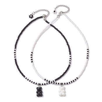 Glass Beaded Necklaces Set, Resin Bear Pendant Necklaces, Mixed Color, 14.57 inch(37cm), 2pcs/set