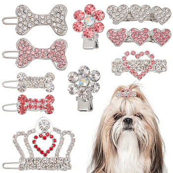 10Pcs 10 Style Alloy Mini Hair Barrettes, with Rhinestone, Hair Accessories for Pet, Dog Bone/Crown/Heart/Plum Blossom, Mixed Color, 24~38mm, 1pc/style