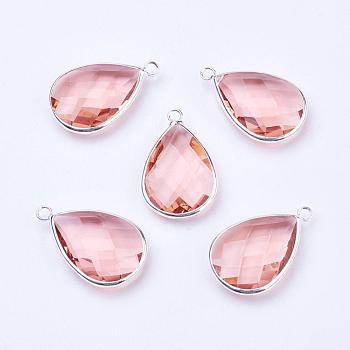 Silver Color Plated Brass Glass Teardrop Pendants, Faceted, Misty Rose, 18x10x5mm, Hole: 2mm