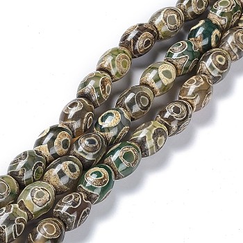 Tibetan Style dZi Beads Strands, Natural Agate Beads, Dyed & Heated, Oval, 3-Eye, 13~14x9.5~10mm, Hole: 1.2mm, about 25pcs/strand, 13.39''(34cm)