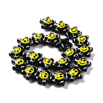 Glass Enamel Beads, Star with Smiling Face Pattern, Black, 20.5x22x11mm, Hole: 1.6mm