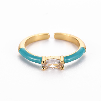 Brass Enamel Cuff Rings, Open Rings, Solitaire Rings, with Clear Cubic Zirconia, Nickel Free, Horse Eye, Golden, Dark Cyan, US Size 7(17.3mm)