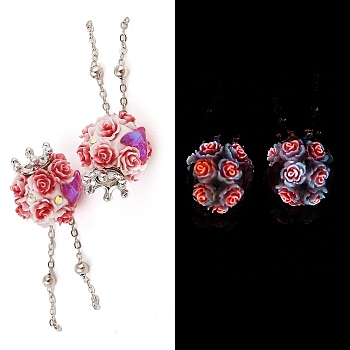 Handmade Luminous Polymer Clay Rhinestone Beads, with Glitter, Resin & Acrylic & Glass Cabochon & Alloy Chain, Glow in the Dark, Rose with Crown & Fishtail, Pale Violet Red, 58~66mm