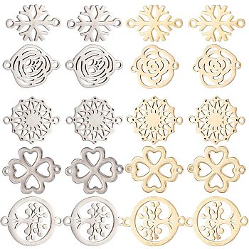 20Pcs 10 Styles 201 Stainless Steel Connector Charms, Flower & Clover & Snowflake Links, Mixed Shapes, Golden & Stainless Steel Color, 17~21x11~16x1~1.5mm, Hole: 1.2~1.6mm, 2pcs/style