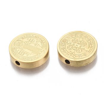 Vacuum Plating 304 Stainless Steel Beads, Flat Round with Saint Benedict Medal, Golden, 14.5x3mm, Hole: 2mm
