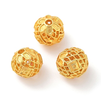Alloy Hollow Beads, Round with Flower, Matte Gold Color, 10mm, Hole: 2mm