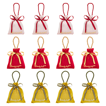12Pcs 3 Colors Velvet Jewelry Drawstring Gift Bags with Rope Handle, Wedding Favor Candy Bags with Gold Stamping Word, Rectangle, Mixed Color, 15.5x13x0.7cm, 4pcs/color