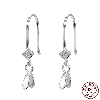 Rhodium Plated 925 Sterling Silver Earring Hooks, with Cubic Zirconia, Rhombus, Platinum, 26mm, 22 Gauge, Pin: 0.6mm