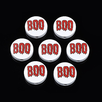 Halloween Printed Natural Wood Beads, Flat Round with Word B, FireBrick, 19~20x5.9mm, Hole: 2~2.2mm