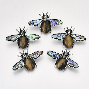 Natural Tiger Eye Brooches/Pendants, with Rhinestone and Alloy Findings, Abalone Shell/Paua Shelland Resin Bottom, Bee, Antique Silver, 36x56.5x14mm, Hole: 7x4mm, Pin: 0.7mm