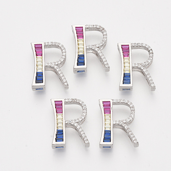 Brass Cubic Zirconia Slide Charms, Real Platinum Plated, Colorful, Letter, Letter.R, 18x14x4.5mm, Hole: 1.5x3mm and 1.5x6mm