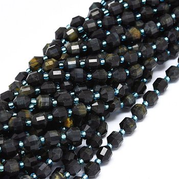 Natural Tiger Eye Beads Strands, with Seed Beads, Bicone, Double Terminated Point Prism Beads, Faceted, Dyed & Heated, 7~8x7~8mm, Hole: 0.8mm, about 38pcs/strand, 15.35 inch(39cm)