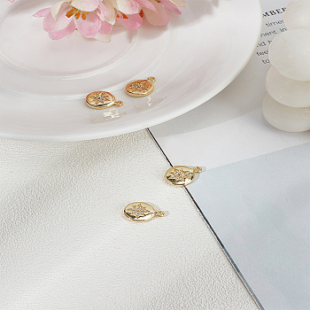 4Pcs Brass Charms, with Cubic Zirconia, Flat Round with Star, Golden, 13x9.5x2mm, Hole: 1mm