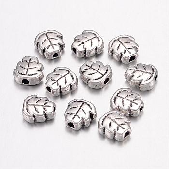 Tibetan Style Alloy Beads, Lead Free and Cadmium Free, Leaf, Antique Silver, about 7mm long, 7mm wide, 3mm thick, hole: 1mm
