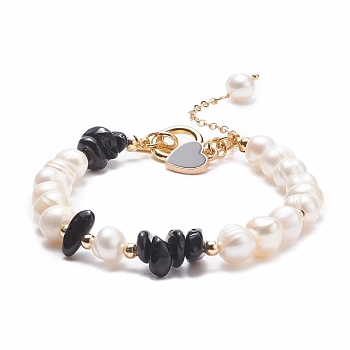 Natural Obsidian & Pearl Beaded Bracelet with Alloy Enamel Heart Charms, Gemstone Jewelry for Women, Golden, 7-5/8 inch(19.4cm)