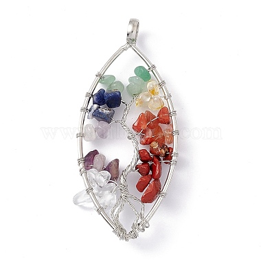 7 Chakra Leaf Natural Mixed Stone Copper Wire Wrapped Chip Big Pendants(G-E195-01P-01)-2