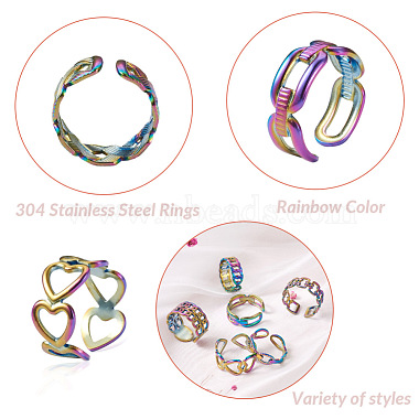 Mega Pet 9Pcs 9 Styles Rainbow Color 304 Stainless Steel Cuff Rings(RJEW-MP0001-01)-3