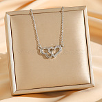 Brass Micro Pave Clear Cubic Zirconia Double Heart Pendant Necklaces, 304 Stainless Steel Cable Chain Necklaces, Stainless Steel Color, 16.93 inch(43cm)(NJEW-K280-05P)