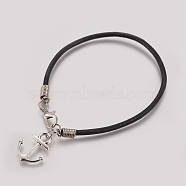 Unisex Charm Bracelets, with Cowhide Leather Cord, Tibetan Style Alloy Pendants and Lobster Claw Clasps, Anchor, Black, 7-1/4 inch~7-1/2 inch(18.5~19cm)(BJEW-JB04753-02)