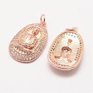 Brass Micro Pave Grade AAA Cubic Zirconia Pendants, Long-Lasting Plated, Buddha, Cadmium Free & Nickel Free & Lead Free, Real Rose Gold Plated, 23x14x4mm, Hole: 3mm(ZIRC-G090-09RG-NR)