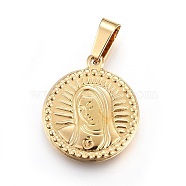 201 Stainless Steel Pendants, Flat Round with Virgin, Golden, 23x20x2.5mm, Hole: 4x8.5mm(STAS-O111-04G)