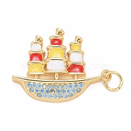 Rack Plating Brass Micro Pave Cubic Zirconia Pendants, with Enamel and Jump Rings, Cadmium Free & Lead Free & Nickle Free, Ship, Real 18K Gold Plated, Colorful, 24x18x3mm, Hole: 3.6mm(KK-I689-06G-02)