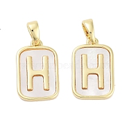 Brass Pave Natural Shell Rectangle Pendants, Letter H Charms, Real 18K Gold Plated, 16x10.5x2mm, Hole: 4.5x2mm(KK-C051-25G)