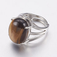 Natural Tiger Eye Wide Band Finger Rings, with Brass Ring Findings, Oval, 18mm(X-RJEW-K224-A18)