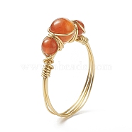 Natural Carnelian Round Braided Beaded Finger Ring, Light Gold Copper Wire Wrap Jewelry for Women, Inner Diameter: 18mm(RJEW-JR00550-01)