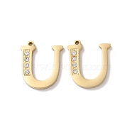 Real 14K Gold Plated 304 Stainless Steel Pendants, with Rhinestone, Letter U, 18x15.5x2mm, Hole: 1.2mm(STAS-L022-157G-U)