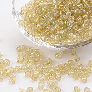 (Repacking Service Available) Round Glass Seed Beads, Transparent Colours Rainbow, Round, Pale Goldenrod, 6/0, 4mm, about 12g/bag(SEED-C016-4mm-162)