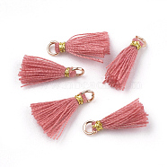 Polycotton(Polyester Cotton) Tassel Pendant Decorations, Mini Tassel, with Iron Findings and Metallic Cord, Light Gold, Pale Violet Red, 10~15x2~3mm, Hole: 1.5mm(FIND-S281-22)
