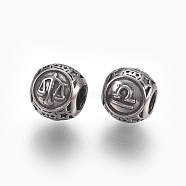 316 Surgical Stainless Steel European Beads, Large Hole Beads, Rondelle with Constellations Libra, Antique Silver, 10x9mm, Hole: 4mm(STAS-F195-128P-03)