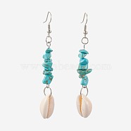 Chip Synthetic Turquoise Dangle Earrings, with Cowrie Shell and Brass Earring Hooks, Platinum, 74~76.5mm, Pin: 1mm(EJEW-JE02913-03)