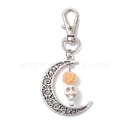 Skull Synthetic Turquoise & Resin Pendants Decorations, Alloy Hollow Moon & Swivel Clasp Charm for Bag Ornaments, Orange, 74mm(HJEW-JM01971-05)