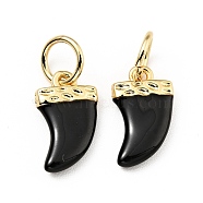 Brass Enamel Charms, with Jump Rings, Cadmium Free & Lead Free, Real 18K Gold Plated, Scabbard/Tusk Shape, Black, 14.5mm, Hole: 3.3mm(KK-G416-37G-04)