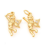 Brass Micro Pave Cubic Zirconia Charms, with Jump Rings, Angel, Clear, Real 18K Gold Plated, 14x9x2.5mm, Jump Ring: 4x0.6mm, Hole: 2.5mm(X-KK-I672-32G)