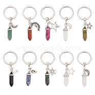 Bullet Gemstone Pendant Keychain, with Moon & Star Alloy Pendants and 304 Stainless Steel Keychain Clasp, 8cm, 10pcs/set(KEYC-AB00010)