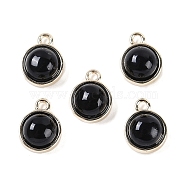 Natural Black Onyx(Dyed & Heated) Pendants, with GoldenTone Rack Plating Brass, Flat Round, 9.8x7.5x4.3mm, Hole: 1.2mm(G-K372-03G-04)