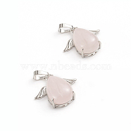Natural Rose Quartz Pendants, with Platinum Tone Brass Cabochons Settings, teardrop, with Wing, 23~23.5x25x8~9mm, Hole: 8x5mm(G-I275-02I)