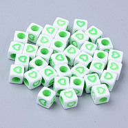 Opaque White Acrylic European Beads, Large Hole Beads, Cube with Heart, Lime, 7x7x7mm, Hole: 4mm, about 1900~2000pcs/500g(MACR-S273-51C-01)