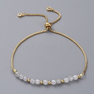 Adjustable Natural Rainbow Moonstone Slider Bracelets, Bolo Bracelets, with Brass Box Chains, Cubic Zirconia, Brass Round Beads and Cardboard Packing Box, 9 inch(23cm)(BJEW-JB04929-02)