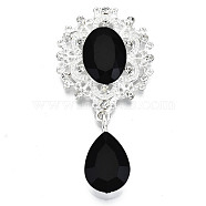 Alloy Flat Back Cabochons, with Acrylic Rhinestones, Oval and Teardrop, Silver Color Plated, Faceted, Black, 58x29x7mm, Pendant: 24.5x13x7mm(RB-S063-01S)