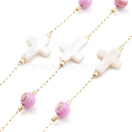 Handmade Round & Cross Natural Shell Beaded Chains, with Natural Ion Plating(IP) 304 Stainless Steel Paperclip Chains, Unwelded, Real 18K Gold Plated, Pearl Pink, 2.2x1x0.5mm(CHS-P019-03G-B)