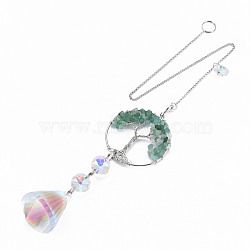 Natural Green Aventurine Big Pendants, with Platinum Brass Chain Extender and Findings, Plating Glass Teardrop & Flower, Clear AB Color, Flat Round with Tree of Life, 140mm, Hole: 3.5x5.5mm(G-N333-009C)